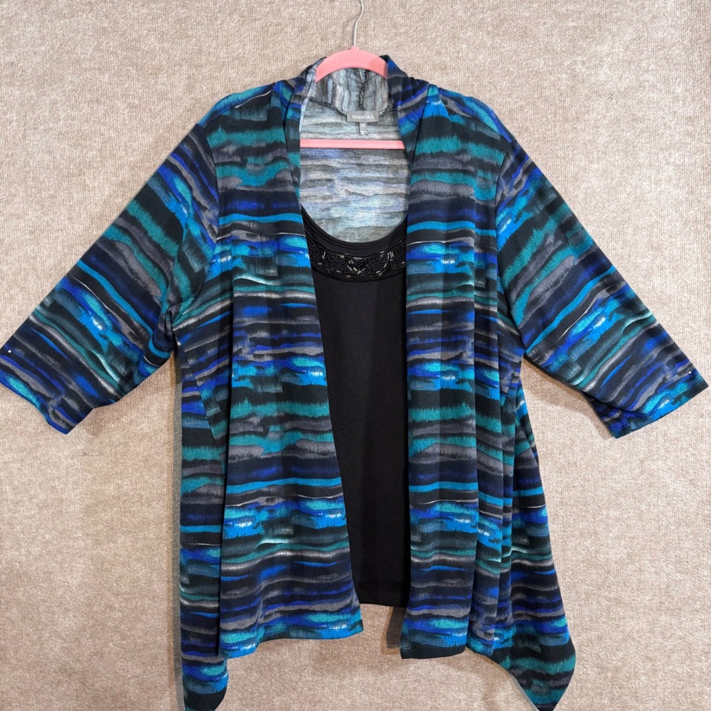Essentials Cardigan Tank Set Womens 3X Blue Striped Beaded Layered Top Boho